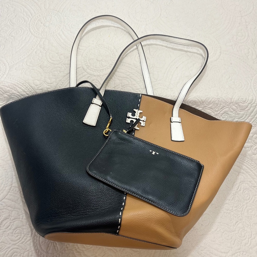 Tory Burch McGraw Colorblock Tote Bag Black Tiramisu Pebbled Leather Large Pouch - Picture 5 of 10